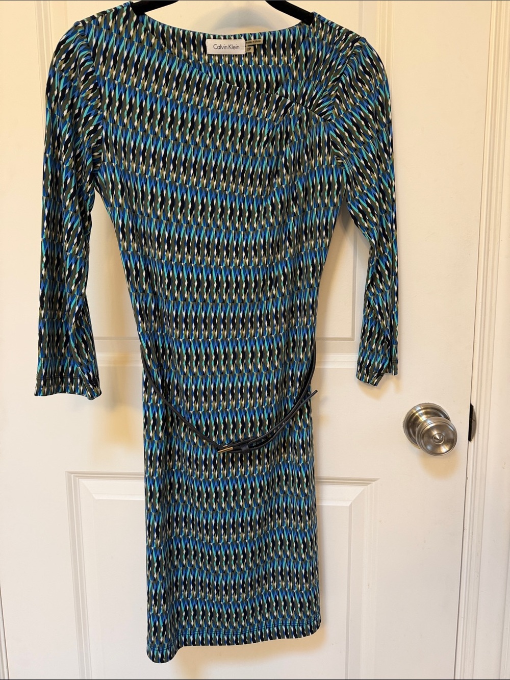 Vintage Calvin Klein Blue Green Long Sleeve Patterned Dress